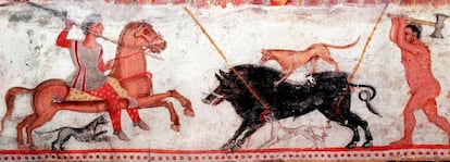 Representación del que se cree es Zalmoxis (a la derecha, desnudo con un hacha) en una tumba tracia.