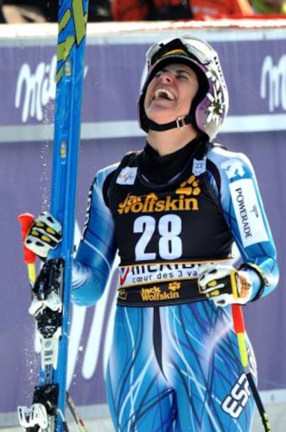 Spain&#039;s Carolina Ruiz Castillo reacts in the finish area as she wins the FIS Ski World Cup women&#039;s downhill in M&eacute;ribel.