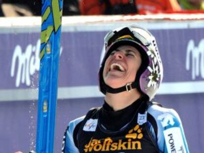 Spain&#039;s Carolina Ruiz Castillo reacts in the finish area as she wins the FIS Ski World Cup women&#039;s downhill in M&eacute;ribel.