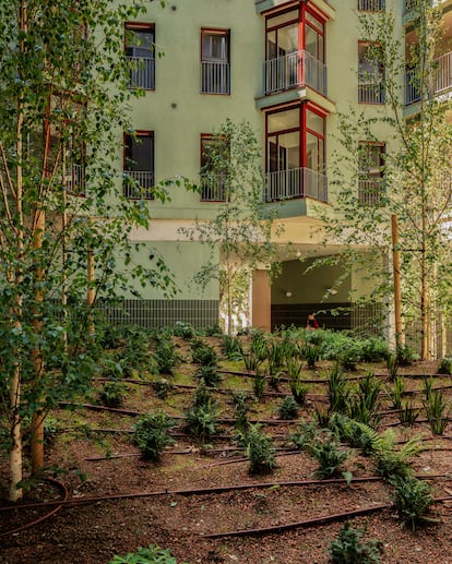 Jardín interior del edi ficio de vivienda social de la plaza de las Glòries, proyecto de Cierto Estudio.
