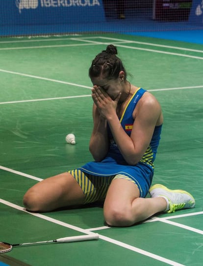 Carolina Marín, tras ganar el partido con la jugadora rusa Evgeniya Kosetskaya.