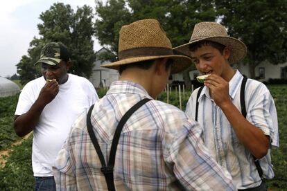 James Chase, a la izquierda, comparte rodajas de melón con los hijos de una familia menonita de New Holland (Pensilvania). La comunidad de vendedores ambulantes de Baltimore lucha por mantener su comercio anacrónico y han logrado forjar una alianza improbable con los menonitas rurales de Pensilvania, generalmente primos menos austeros que los Amish; un vínculo sustentador para la venta ambulante en el que encuentran un beneficio común: el acceso a los alimentos saludables y el sustento para el negocio de los "arabbers".