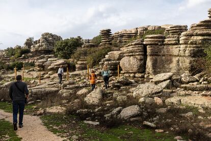 Una familia visita la formación kárstica de la sierra del Torcal, a 20 minutos en coche de Antequera, donde resulta fácil encontrar huellas fósiles de amonitas.