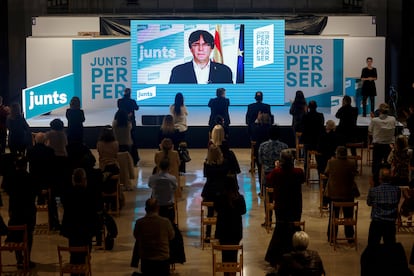 Ex-Catalan premier Carles Puigdemont participating in a Junts campaign event on Thursday. 