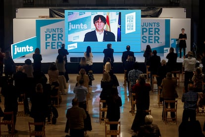Ex-Catalan premier Carles Puigdemont participating in a Junts campaign event on Thursday.