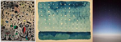 Una de las 'Constelaciones' (1940-41) de Joan Miró; 'Starlight Night' (1963), de Georgia O'Keeffe, e 'In Flight Astro (II)' (2010), de Wolfgang Tillmans.