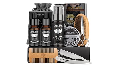 regalo barato dia del padre: kit para el cuidado de la barba con champú, bálsamo, peine o peine, entre otros.