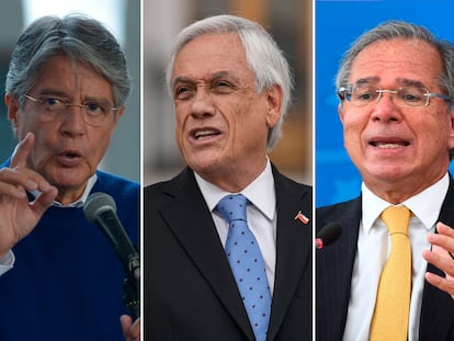 El presidente ecuatoriano, Guillermo Lasso, el presidente de Chile, Sebastián Piñera, y el ministro de Economía brasileño, Paulo Guedes.