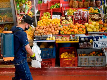 Un trabajador de limpieza desinfecta un mercado de Bogotá, el pasado 8 de julio.