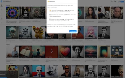 Nada más entrar en la web, se avisa de que todo lo que dicen los personajes disponibles (o los que cree el usuario) es inventado y no debe tomarse como cierto.