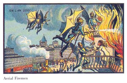 En 1900 pensaron que cien años después los fuegos se apagarían con  bomberos voladores, como en esta Ilustración de la serie de postales 'L’an 2000'.