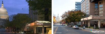 El misterio de los monumentos móviles se repite en el Hyatt de Washington D.C. que está cerca del Capitolio, pero no tanto como parece indicar el folleto de la izquierda. En Oyster explican que más que un retoque digital se trata de un uso engañoso del teleobjetivo.