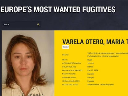 Tania Varela, en el cartel de Interpol que la situaba como una de las fugitivas más buscadas.