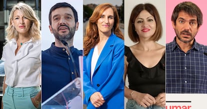 Desde la izquierda, Yolanda Díaz, Ernest Urtasun, Mónica García, Sira Rego y Pablo Bustinduy, los cinco ministros de Sumar.