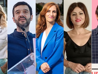 Desde la izquierda, Yolanda Díaz, Ernest Urtasun, Mónica García, Sira Rego y Pablo Bustinduy, los cinco ministros de Sumar.