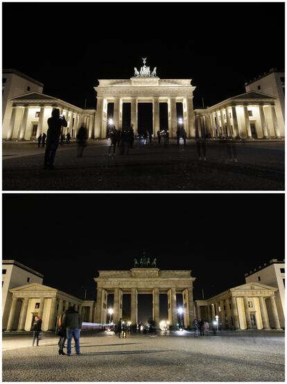 Imagen de la Puerta de Brandenburgo en Berlín antes y después de apagarse.