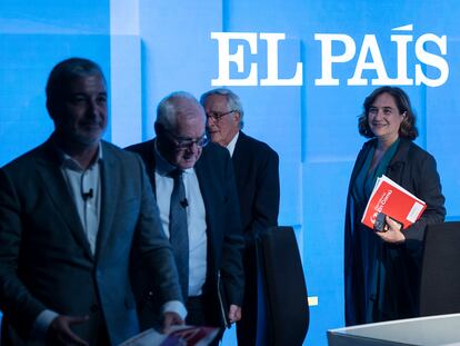 Jaume Collboni, Ernest Maragall, Xavier Trias y Ada Colau, a comienzos de mayo, después del debate de candidatos por Barcelona organizado por El País y SER Catalunya.