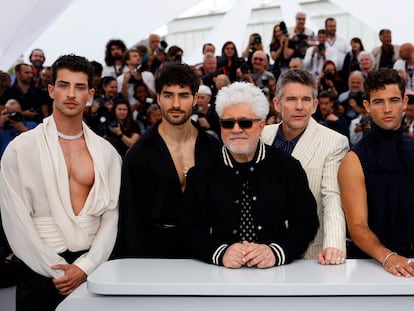 Pedro Almodóvar (third from the left) poses at the 2023 Cannes Film Festival alongside Ethan Hawke and other actors from his latest film: from left to right, Manu Ríos, José Condessa, Jason Fernández and George Steane.