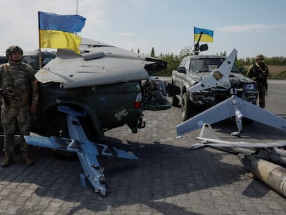 Destroyed Russian drones are seen as members of the mobile air defence groups attend a handover ceremony of pick up trucks with DShK machine guns donated by a volunteer group, amid Russia's attack on Ukraine, near the town of Borispil, Kyiv region, Ukraine May 10, 2023. REUTERS/Gleb Garanich