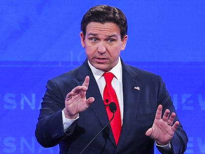 Republican presidential candidate, Ron DeSantis, participates during the fourth Republican candidates' U.S. presidential debate of the 2024 U.S. presidential campaign at the University of Alabama.