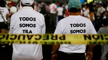 Desplazados de Tila participan en una protesta por la paz en Yajalón, Chiapas, el 19 de junio 2024.