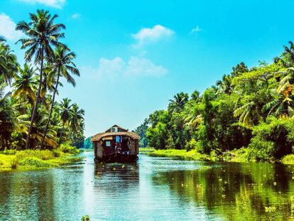 Un barco-vivienda atraviesa uno de los canales navegables del Estado de Kerala, al sur de la India.