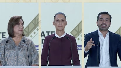 Xóchitl Gálvez, Claudia Sheinbaum y Jorge Álvarez Máynez, durante el segundo debate presidencial, el 28 de abril.