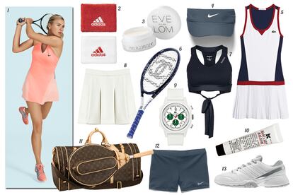 TENIS. 1. Nike. 2. Adidas Mu?equeras bicolor. 3. Eve Lom Tratamiento labial Kiss Mix. 4. Nike Visera. 5. Lacoste Vestido tricolor sin mangas con falda plisada. 6. Chanel Raqueta con logo en las cuerdas. 7. Reebok Crop top con lazo. 8. Mulberry Falda de tablas. 9. Lacoste Crono con correa de caucho. 10. Kiehls Since 1851 Blsamo labial #1. 11. Louis Vuitton Raquetero de lona Monogram. 12. Nike Shorts. 13. Adidas Zapatilla de deporte con detalles en plata.