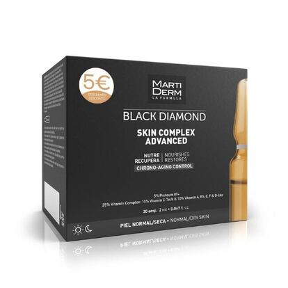 Ampollas MartiDerm Black Diamond Skin Complex Advanced para tratar el cronoenvejecimiento de la piel y los signos de una piel desvitalizada.