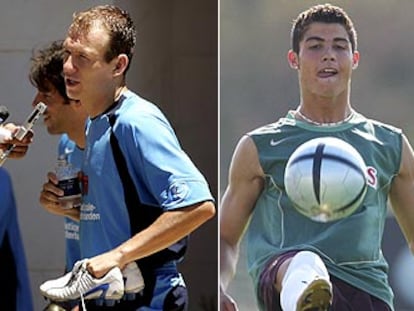 A la izquierda Robben atiende a los periodistas; a la derecha Cristiano Ronaldo controla el balón.
