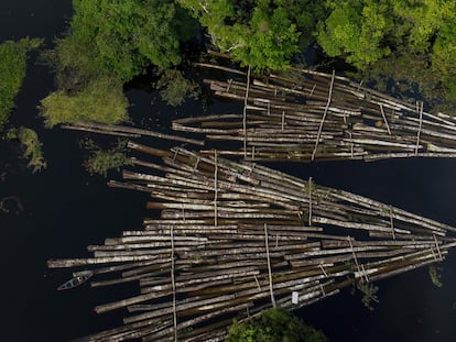 Foto aérea tirada em 16 de julho de 2020 mostra carga de madeira apreendida no rio Manacapuru, no Amazonas.