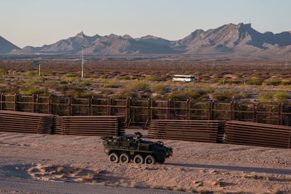 A Stryker armored infantry carrier, used by the US Army deployed along the border.