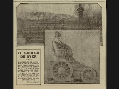 Un recorte de 'El Liberal' de 1928 en el que anunciaban la inocentada del traslado de la Cibeles.