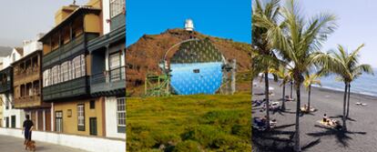 Tres imágenes de La Palma. De izquierda a derecha, una calle de Santa Cruz de La Palma, el observatorio astrofísico del Roque de los Muchachos y playa en Puerto Naos.