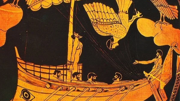 Ulises atado al mástil de su barco para escuchar a las sirenas, en un vaso griego del British Museum.