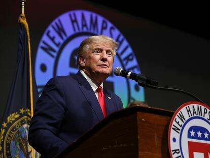 Former President Donald Trump speaks during the New Hampshire Republican State Committee 2023 annual meeting, Saturday, Jan. 28, 2023, in Salem.