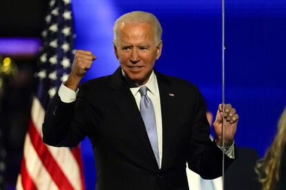 Then-President-elect Joe Biden gestures to supporters Nov. 7, 2020, in Wilmington, Del.