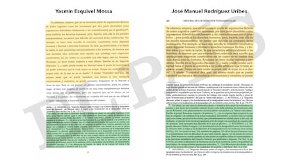 Una página de la tesis de doctorado de la ministra Yasmín Esquivel Mossa, contrastada con el escrito original de José Manuel Rodríguez Uribes.