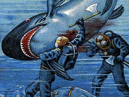 Antiguo cromo sobre la obra de Julio Verne <i>20.000 leguas de viaje submarino.</i>
