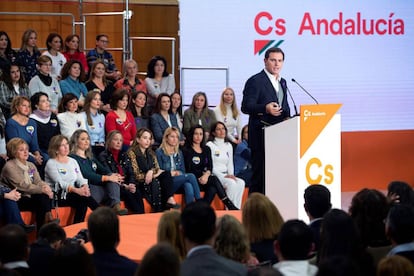 El presidente de Ciudadanos, Albert Rivera, durante su intervención en el mitin de su partido en Málaga. 