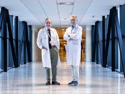 Los doctores Juan Martínez León (i), jefe de Cirugía Cardiaca, y Luis Almenar, coordinador de trasplantes de corazón, el pasado miércoles en el Hospital La Fe de Valencia.