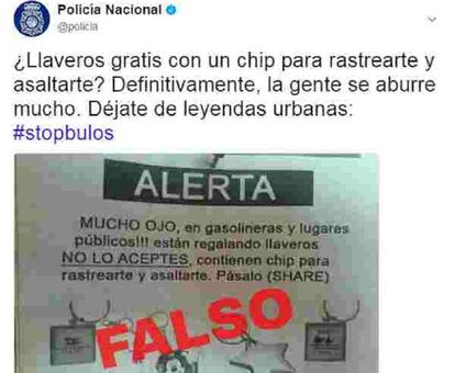 Tuit de la polic&iacute;a sobre el bulo de los llaveros rastreadores.