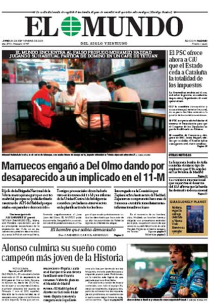 Aunque no ocupa un lugar preferente en la portada,  <I>El Mundo</I> dedica un suplemento especial en su sección de deportes al triunfo de Alonso y a su trayectoria profesional. Resalta también cómo miles de personas en Asturias se echaron a la calle tras la victoria para "festejar el título de su vecino".