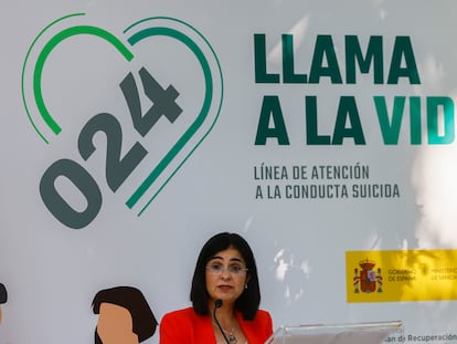 La ministra de Sanidad, Carolina Darias, en la presentación de la línea 024, el 9 de mayo en Madrid.