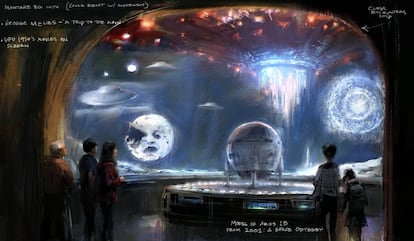 Según los primeros bocetos, la exposición se detiene en la producción de '2001: Una odisea del espacio' (1968) para dedicar una sala a las aventuras espaciales. En el boceto se puede ver la nave de 'Encuentros en la tercera fase'.
