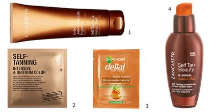 1. Gelée Auto Bronzante, de Clarins. 2. Self Tanning, de Comodynes. 3. Toallitas autobronceadoras, de Delial. 4. Self Tan Beauty, de Lancaster.