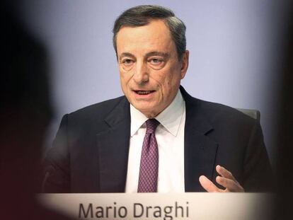 Mario Draghi, presidente del BCE, durante la rueda de prensa del pasado jueves, en Fr&aacute;ncfort. 