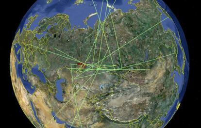 Gráfico de las estaciones de la red de sensores de infrasonidos del CTBTO que registraron es estallido del asteroide sobre los Urales el 15 de febrero de 2013.