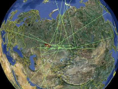 Gr&aacute;fico de las estaciones de la red de sensores de infrasonidos del CTBTO que registraron es estallido del asteroide sobre los Urales el 15 de febrero de 2013.