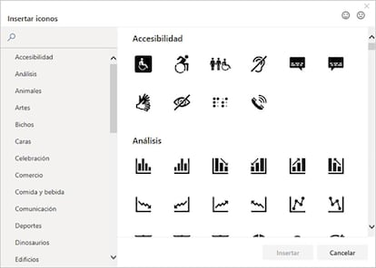 Categorías de iconos en Microsoft Word.